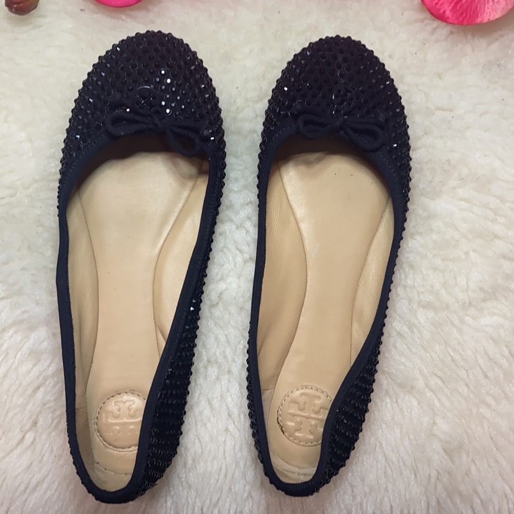Tory Burch Solid Black Studded Ballerina Flats Bow Accent Color: Black Size: 7.5 - Picture 4 of 15